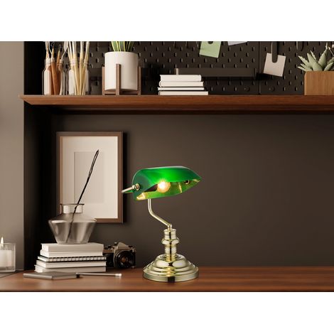 Retro Schreibtischlampe ANTIQUE Messing mit Acrylschirm Grün, Höhe 36cm (1/5)
