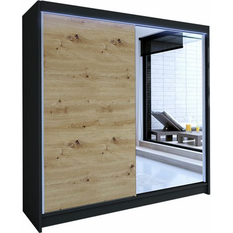 Armoire Closico 137, Noir + Chêne Artisan, 215x180x58cm, Portes d'armoire: Coulissantes, Nombre d'étagères: 5, LED (1/4)