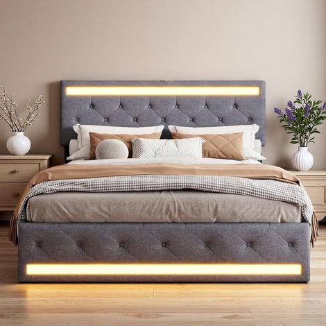 Cama doble 180x200 - Cofre y cajones - Iluminación LED - Diseño moderno - Gris antracita