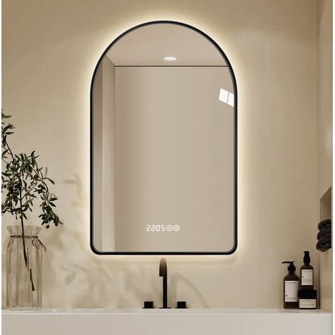 Specchio LED bagno ad arco 70x120 cm nero con antiappannamento, dimmer e display (1/5)