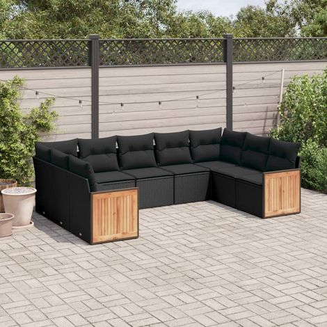 vidaXL Salon de jardin 9 pcs avec coussins noir résine tressée (1/5)