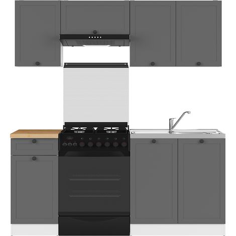 Cuisine complète 180 cm,Ensemble de meuble de cuisine coloris gris graphite/blanc, plan de travail coloris Chêne doré inclus (1/4)