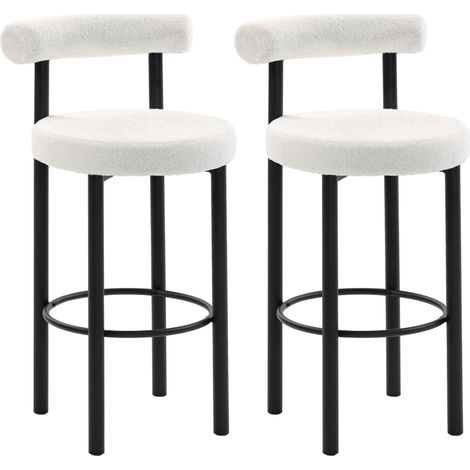 Lot de 2 tabourets de bar, chaises de bar en tissu bouclette avec dossier incurvé, repose-pieds, 50x52,5x98cm, blanc