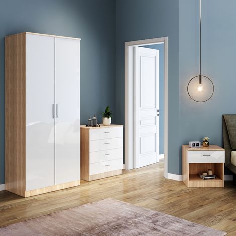 ELEGANT Wardrobe Set High Gloss 3 Piece Bedroom Storage Furniture Include 2 Soft Close Doors Wardrobe and 4 Drawer Chest and Bedside Cabinet, White/Oak (1/5)