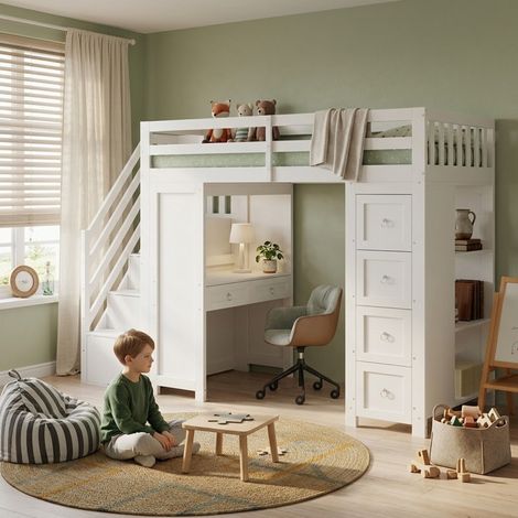 Lit enfant mezzanine 90x200 cm avec bureau, rangements et escalier OKMYHOME (1/5)