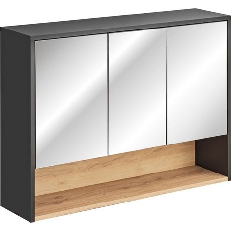 Mobile alto per il bagno TALOKA – 3 porte specchio – Grigio antracite e rovere chiaro – L100 cm – Sospeso