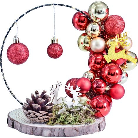 (XM-0036-Ornement anneau Père Noël 002) Ornement de Noël cerf et boule, base en bois, anneau en fer, figurine de cerf de Noël, décoration de Noël (1/2)