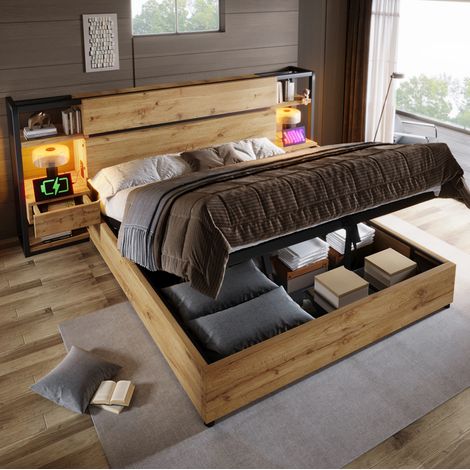 Lit adulte 180 x 200 cm style industriel en MDF marron avec tête de lit rangement et USB (1/5)