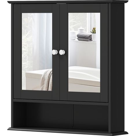 Meuble de salle de bain avec miroir, armoire murale à 2 portes, étagère ouverte, étagère réglable, 56 x 13 x 58 cm, noir (1/5)