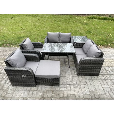 Fimous Polyrattan Garten Esstisch Set Gartenmöbel Sofa mit Rechteckiger Esstisch 2 Großer Hockern Beistelltisch Dunkelgrau Gemischt (1/5)
