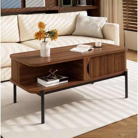 Mesa de centro rectangular (100x45x43 cm), con almacenaje, puertas correderas, MDF, color nogal (1/5)