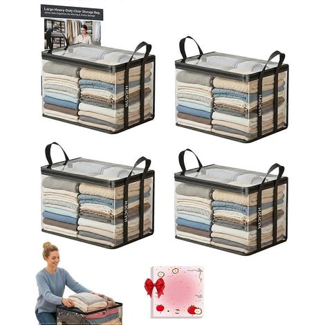 Lot de 4 bacs de rangement plastique transparent épais, résistants, pliables, empilables, avec couvercles et poignées pour vêtements et déménagement (1/5)