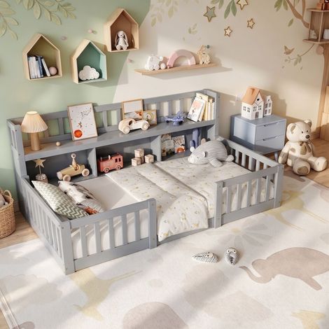 Letto per bambini 90x200 cm – Letto completamente chiuso con sponda di sicurezza integrata – Con mensola – Rete a doghe – Legno massello grigio (1/5)