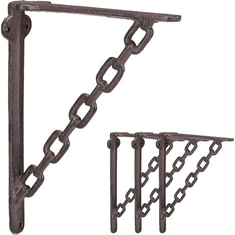 Set of 4 Relaxdays Cast Iron Shelf Brackets, Antique Look, Extraordinary Chain Design, Support for Shelves, Rusty Brown