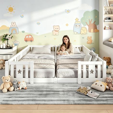 FOERPL-Lit pour Enfant avec avec Étoiles, Lit Montessori au Sol Cadre de Lit Double Enfant en Pin Massif avec Barrière de Sécurité Protection Anti-chute