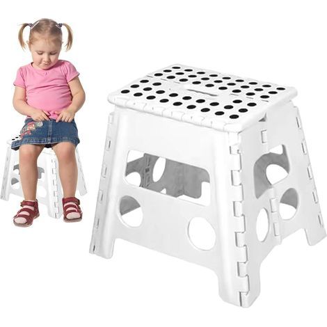 Tabouret-Pliable - Tabouret-Pliant pour Enfants et Adultes jusqu'à 120 kg - Revêtement-antidérapant - Poignée-de-Transport - Ultra-léger - Hauteur-32 cm - Plastique - Blanc (1/5)