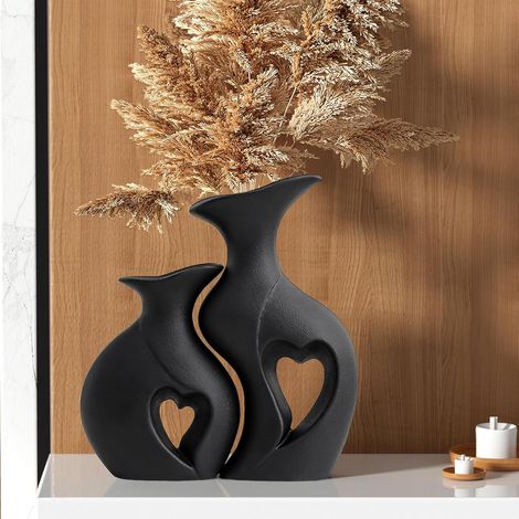 Lot de 2 vases forme cœur noire, style bohème minimaliste moderne, en céramique pour la maison, mat (1/5)