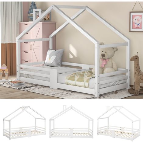 Lit cabane enfant 90 x 200 cm - Pin blanc - Cheminée - Barrière anti-chute - Sommier à lattes - Sans matelas (1/5)