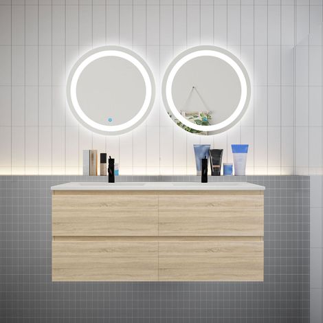 Ensemble meuble double vasque L.120cm 4 tiroirs + lavabo + 2 LED miroirs rond 60cm,chêne,aica sanitaire (1/5)