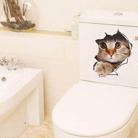 Lot de 2 stickers muraux décoratifs pour toilettes à chasse d'eau pour chat, en PVC, représentant un chat sortant d'un trou. Stickers muraux colorés. (1/4)