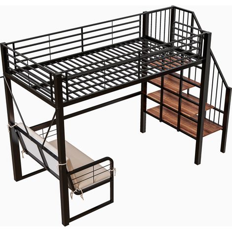 Letto a castello 90 x 200 cm in metallo nero con divano e scala contenitore (1/5)