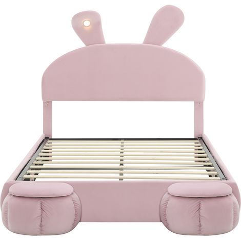 Letto contenitore 140x200 cm in velluto rosa con orecchie di coniglio, LED e 2 pouf (1/5)