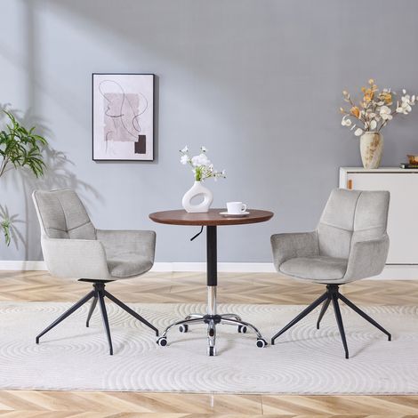 [Pack de 2] Fauteuils tournants 360° style européen, assise rembourrée en tissu gris, piètement acier noir laqué, modèle respirant et ergonomique pour séjour ou cuisine, design contemporain. (1/5)