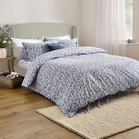 Ensemble De Housse De Couette 100% Coton Délavé Motif Floral avec Fermetures à Nœud Bleu King UK Standard 230x220cm (1/4)