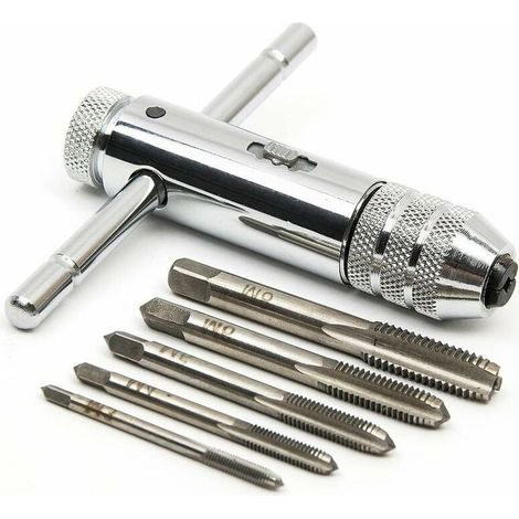 T Barre Poignée Porte-taraud à cliquet, Clé à taraud réglable avec 5pcs M3-M8 3mm-8mm filetage de vis à métaux à fiche métrique en forme de T de taraudage-LIAIKI (1/5)