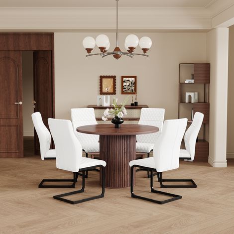 Ensemble table ronde 100 cm en MDF noyer + 6 chaises blanches dossier losanges, salle à manger, pieds cylindriques, fermeture Velcro