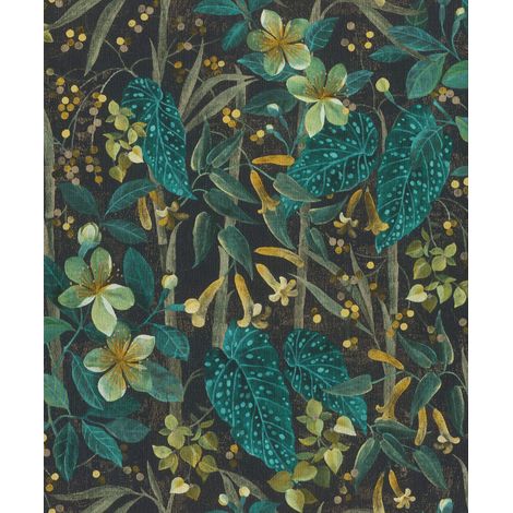 Rasch Papier peint intisse floral avec feuilles et plantes vertes, turquoise et jaune de la collection Curiosity 10,05 m x 0,53 m (L x l) 538243 (1/5)