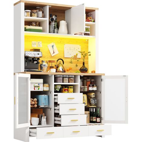Küchenbuffet mit 4 Türen, 6 Schubladen und LED, aus MDF und Glas, Weiß mit Holzoptik, 120×40×180 cm (1/5)
