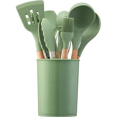 11-teiliges Silikon-Küchenhelfer-Set mit Spatel und Schlitzspatel mit Holzgriff
