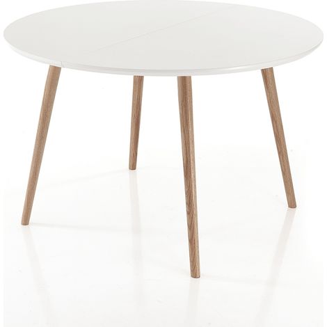 Ausziehbarer runder Tisch, weiß mit Eichenbeinen, Soft Wood (1/4)