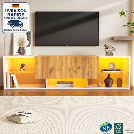 Mueble de TV de tres niveles, con capacidad para un televisor de hasta 70 pulgadas, con tapa de cristal, 2 cajones, apto para salón y dormitorio, color blanco + madera natural. (1/5)
