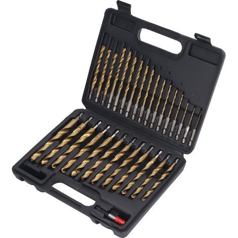Jeu de 30 forets hélicoïdaux à tige de 1/4 pouces, embouts en acier rapide de 1/16 à 1/2 pouces avec mallette de rangement de tige d'extension (1/5)