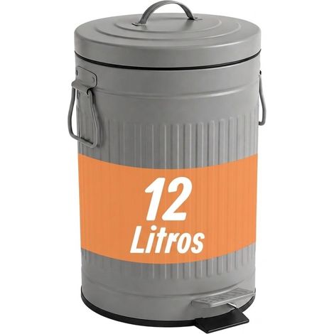 Relaxdays Cubo de basura retro, 12 l, cocina y baño, pedal, cierre suave, cubeta extraíble, metal, gris