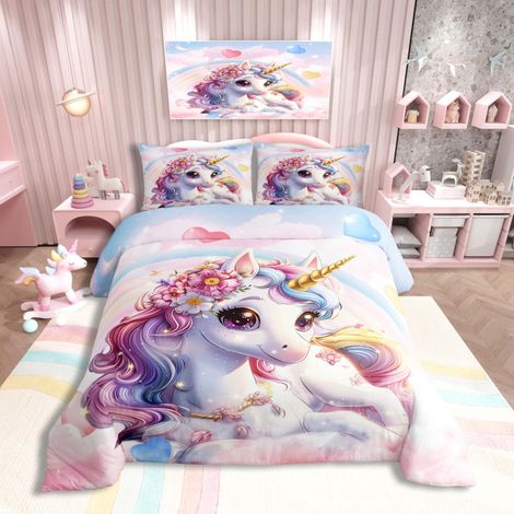 Parure de lit 2 pièces pour fille 135 x 200 cm Charme fantaisie Licorne fantaisie Housse de couette pour enfants et adolescentes Animaux de dessin animé Cheval Arc-en-ciel (1/5)