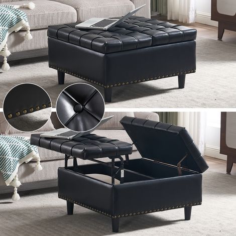 Banc de rangement carré PU noir avec coffre relevable salon chambre bureau 40x40x45cm