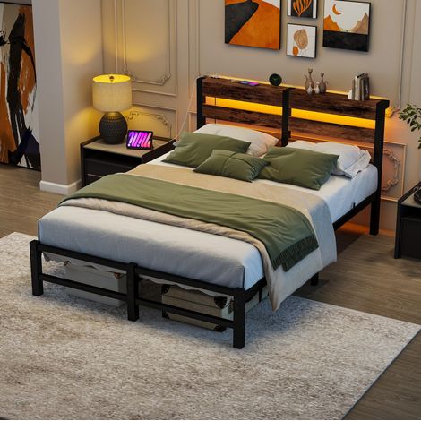 Letto adulto 120x200 cm in metallo e legno nero con LED USB salvaspazio (1/5)