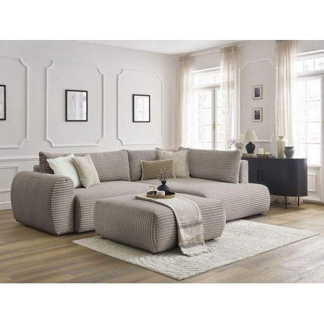 BOBOCHIC - Canapé d'angle L convertible coffre LUCIEN gros côtelé doux avec pouf Angle droit Taupe (1/5)