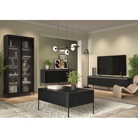 BOBOCHIC - Meuble TV 4 portes 167 cm LENARA avec tasseaux et LED Noir (1/4)