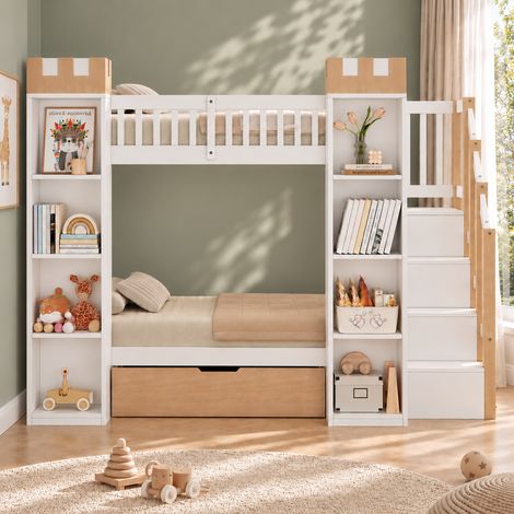 Lit superposé enfant 90x200 cm en bois avec escalier de rangement, tiroir, garde-corps sécurisé et design château - Blanc (1/5)