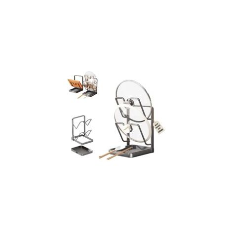 Étagère de rangement double couche en acier inoxydable 304 pour couvercles de casseroles avec plateau d'égouttement amovible, porte-spatule à deux compartiments pour divers couvercles et ustensiles de (1/5)