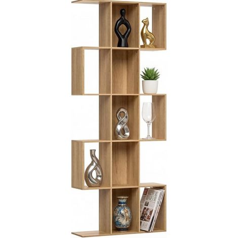 Libreria a 5 livelli a forma S in MDF effetto rovere, 15 scomparti aperti (1/5)