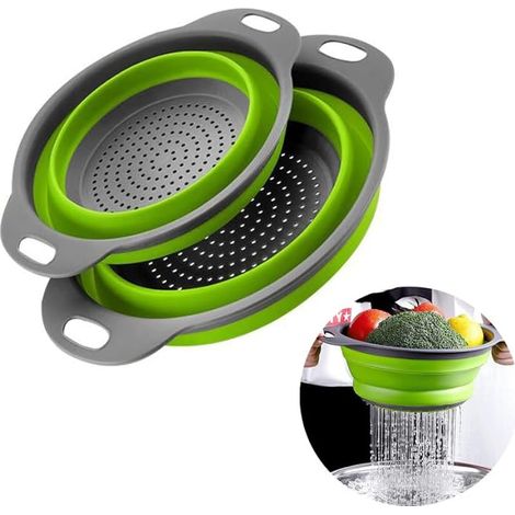 Emptycolor Lot de 2 passoires pliables pour cuisine, petite passoire ronde avec base et poignées pour pâtes, fruits, légumes – Paniers de cuisine peu encombrants (1/5)