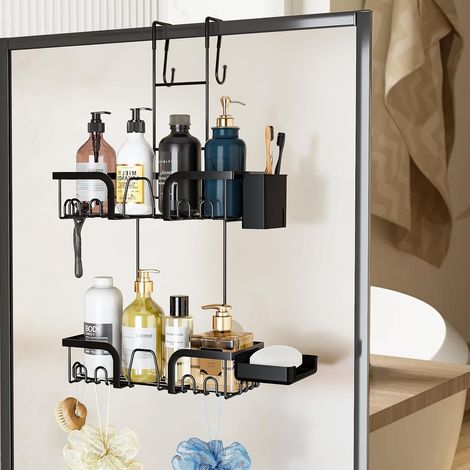 Suspension Étagère Douche Sans Perçage, Porte + Boîte Savon + Porte-Brosse, 2 Niveaux, Antirouille