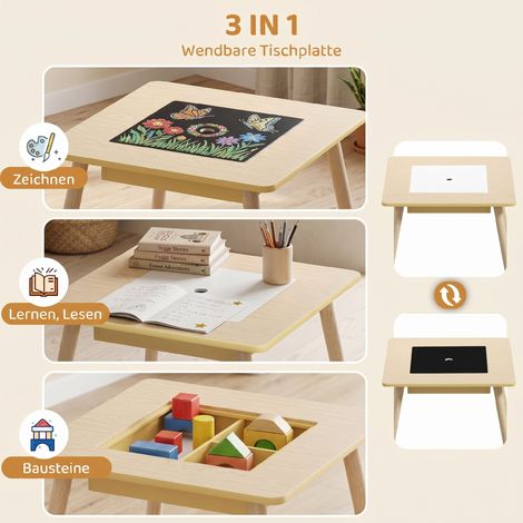 Table enfant avec 2 chaises, ensemble assise enfant avec rangement dossier en forme d'ours pour 3-6 ans, bois naturel (1/5)