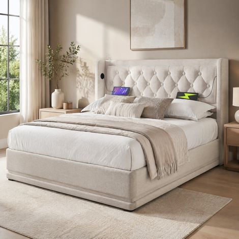 Letto imbottito 180x200 cm beige con contenitore, LED e sollevamento (1/5)