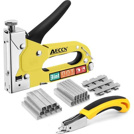 3 en 1 Heavy Duty Staple Nail Steel Gun Kit avec des agrafes 2100, agrafes de tapisserie pour le matériel de fixation, la décoration, la menuiserie, les meubles, les portes et les fenêtres - jaune (1/5)